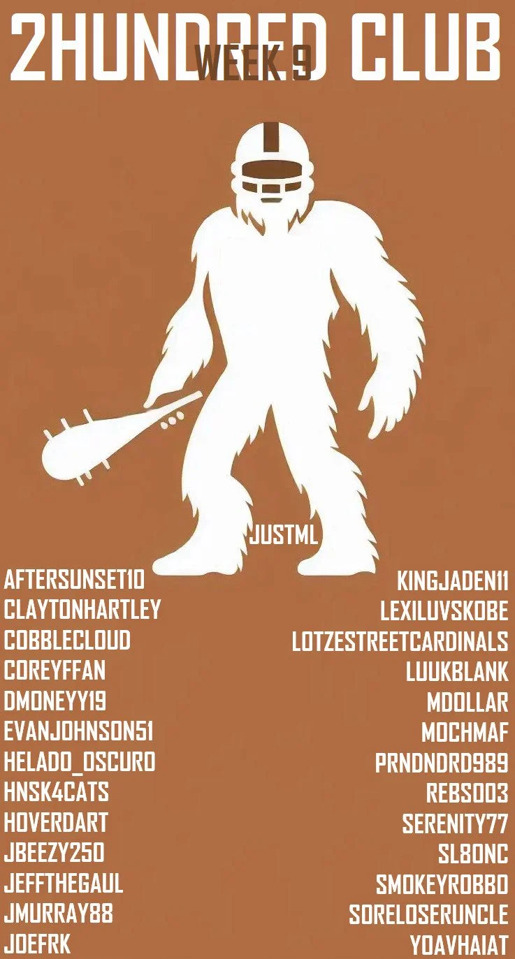 A trading Napkin featuring the names of the teams that scored 200 points in week 9